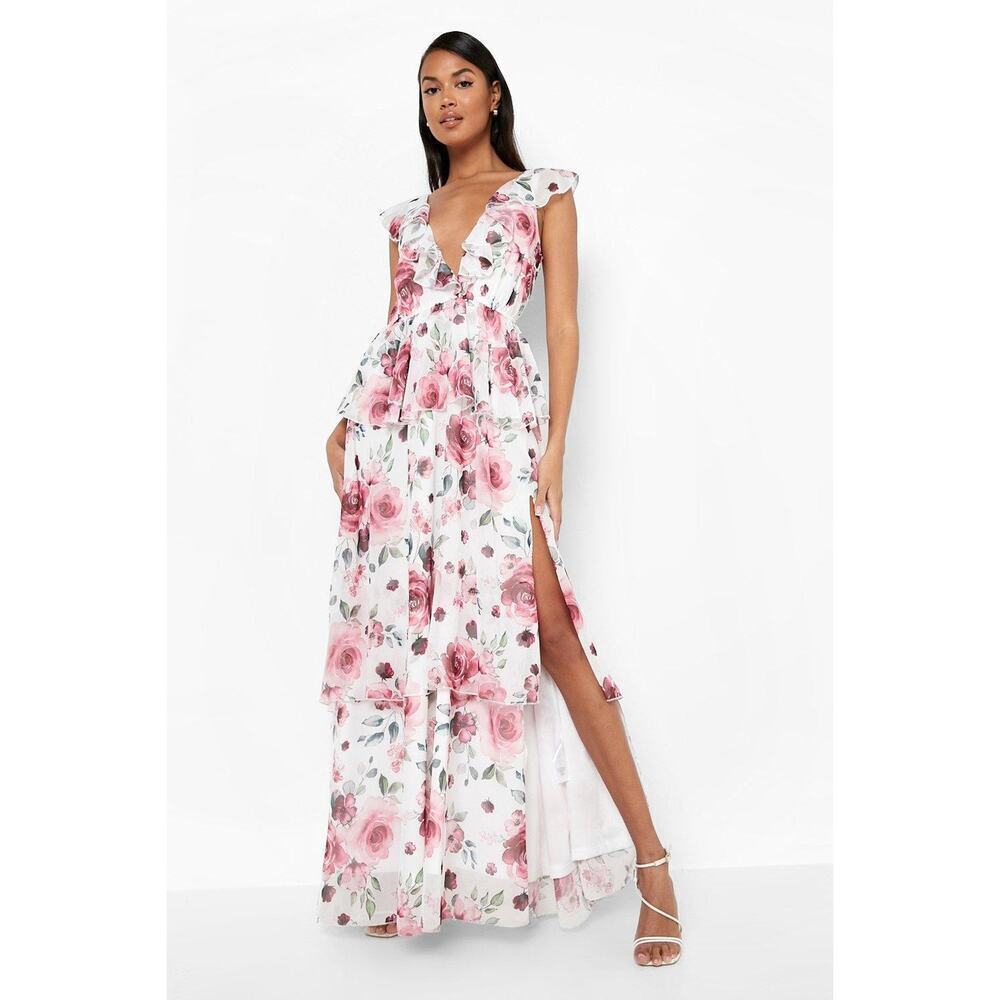 Boohoo Women's Multicolor Floral Print V-Neck Tiered Ruffle Maxi Dress Size 12